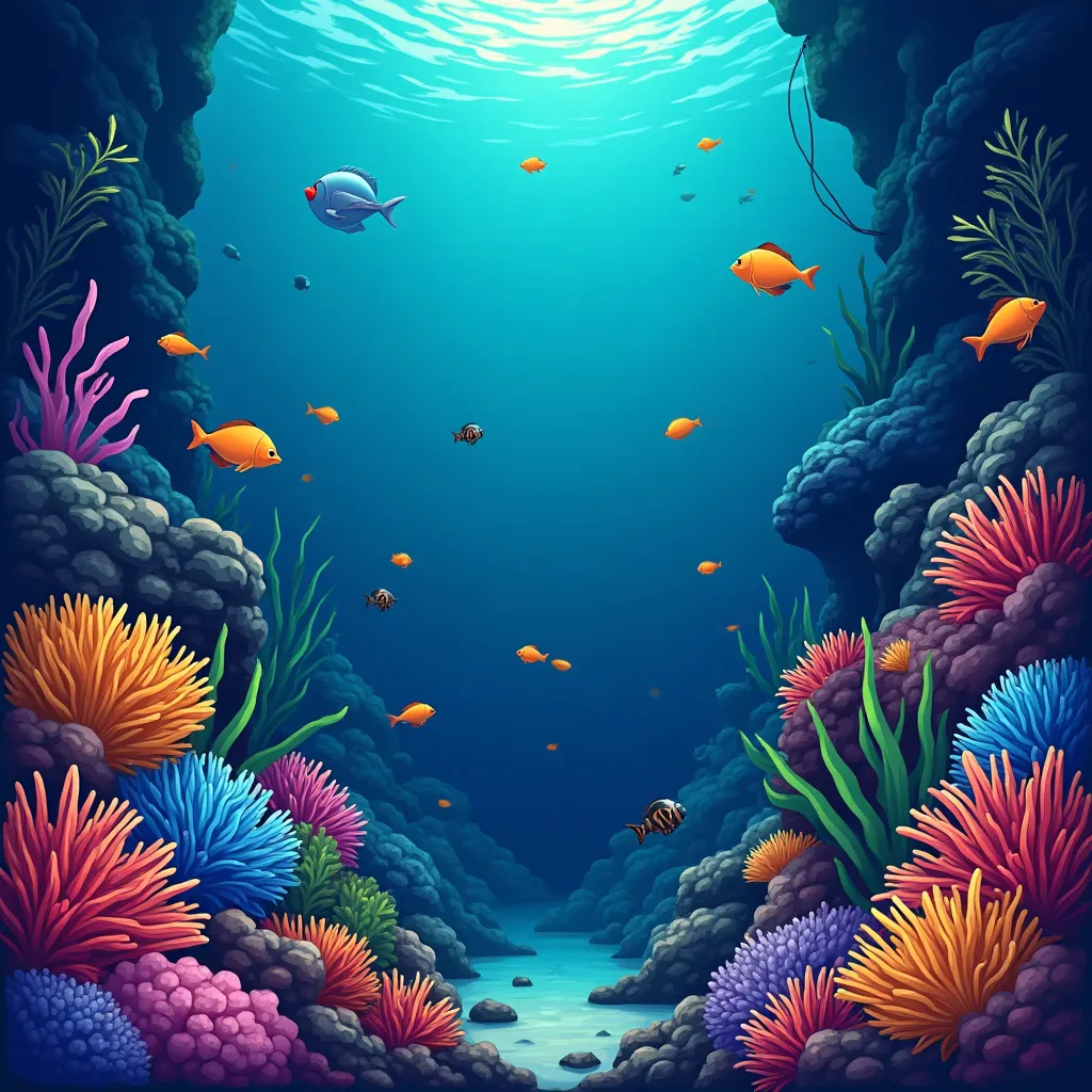 Cartoon underwater fishing scene with vibrant sea creatures